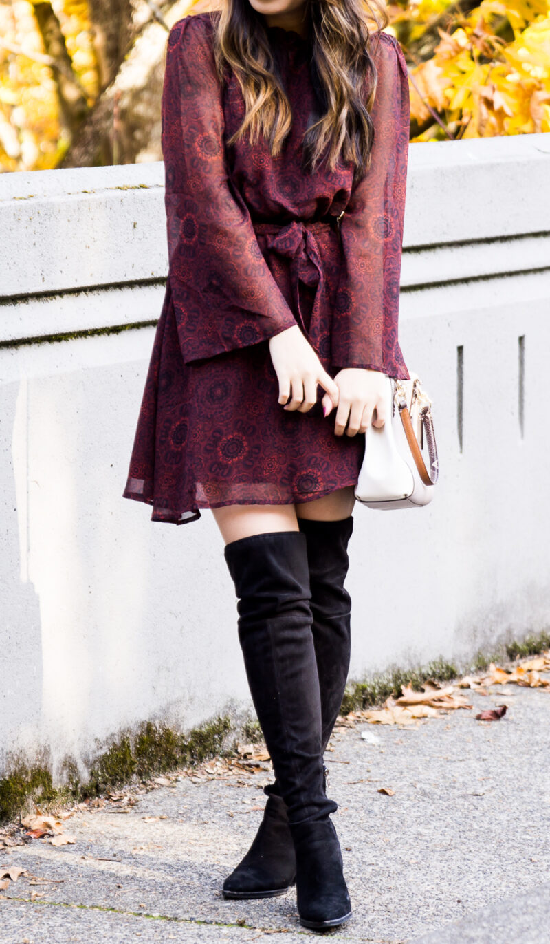 burgundy over the knee boots outfit