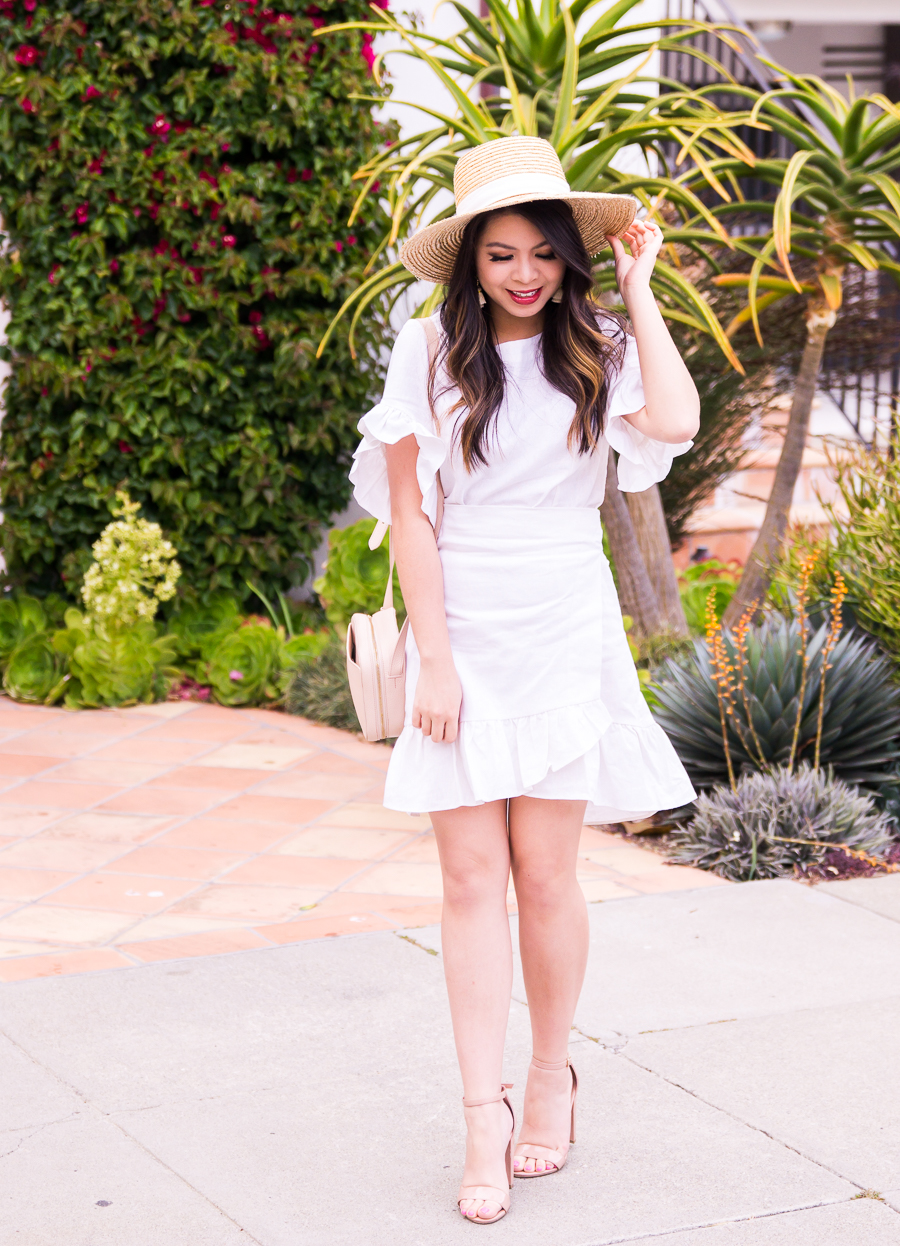 white linen ruffle dress