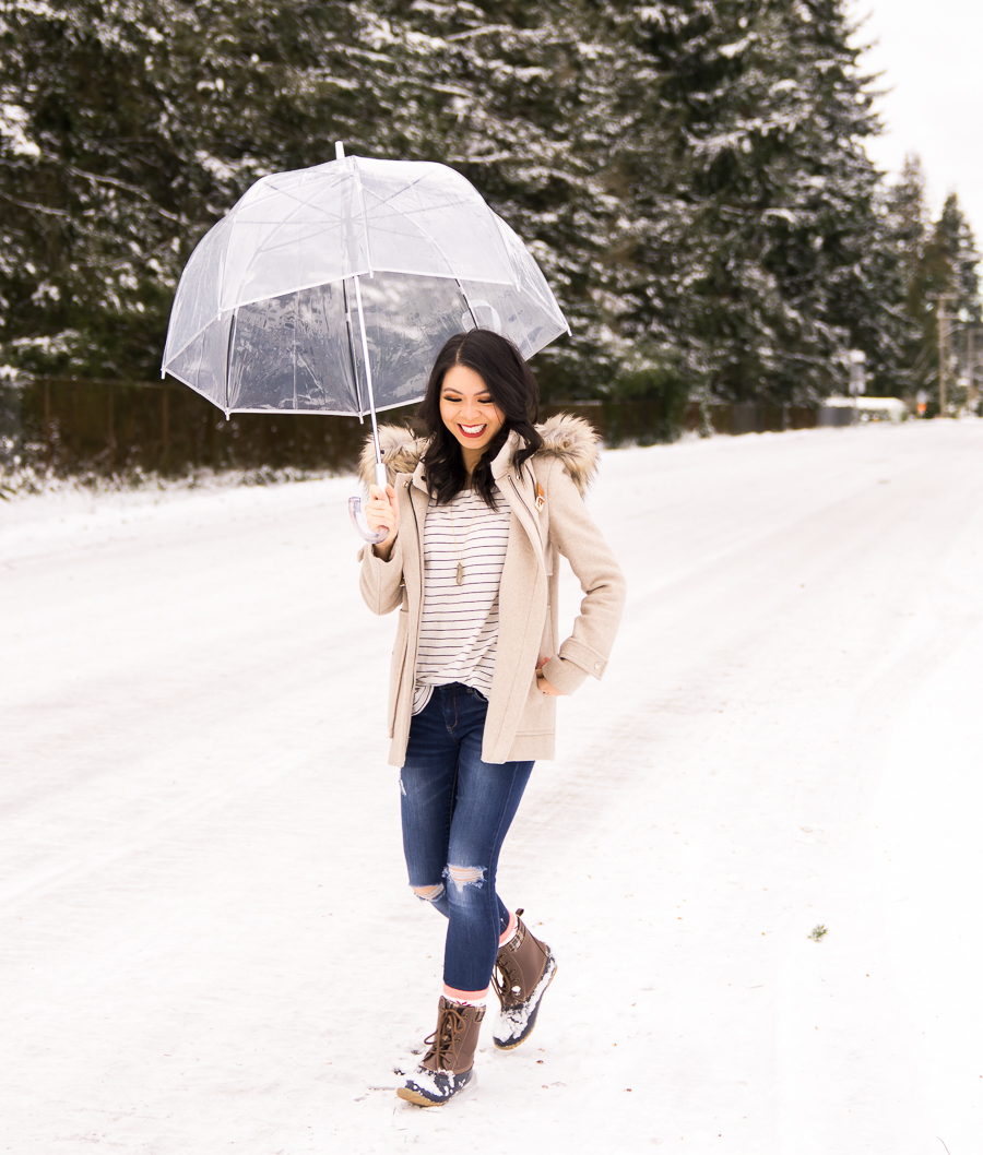 Duffle Coat With Faux Fur Hood Striped Top Duck Boots