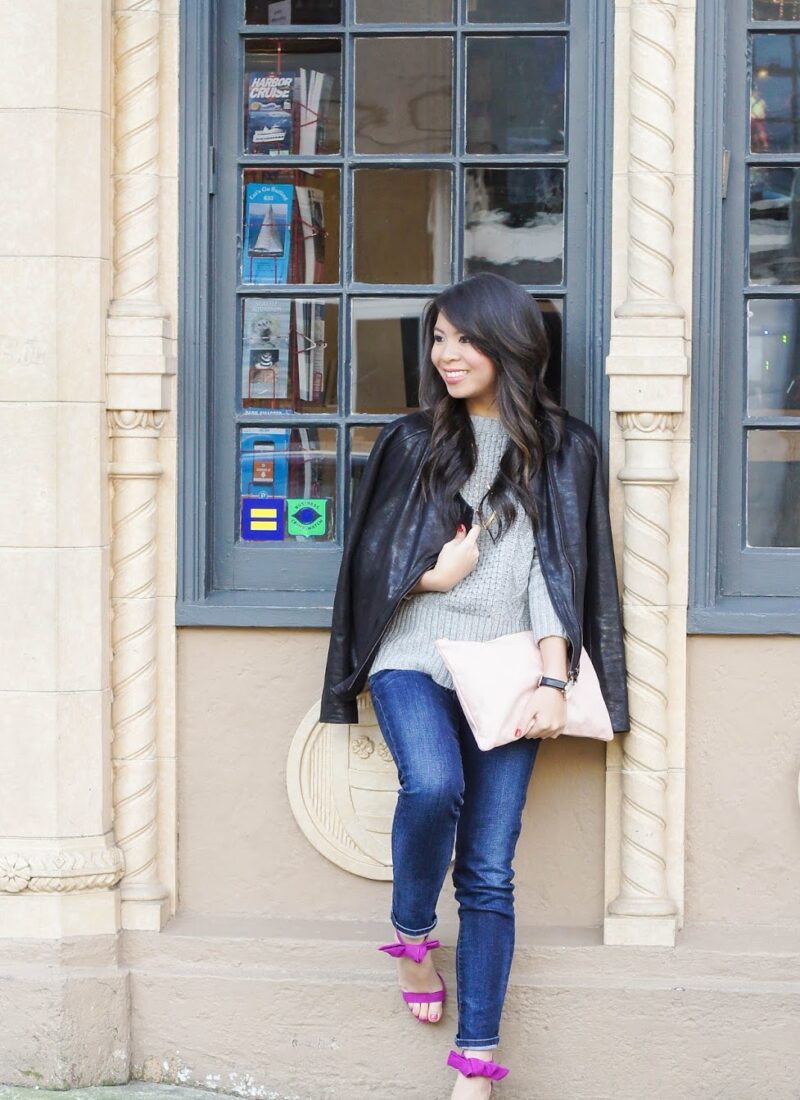 Casual Cool: 8telier Jacket with Cozy Sweater and Fuchsia Heels