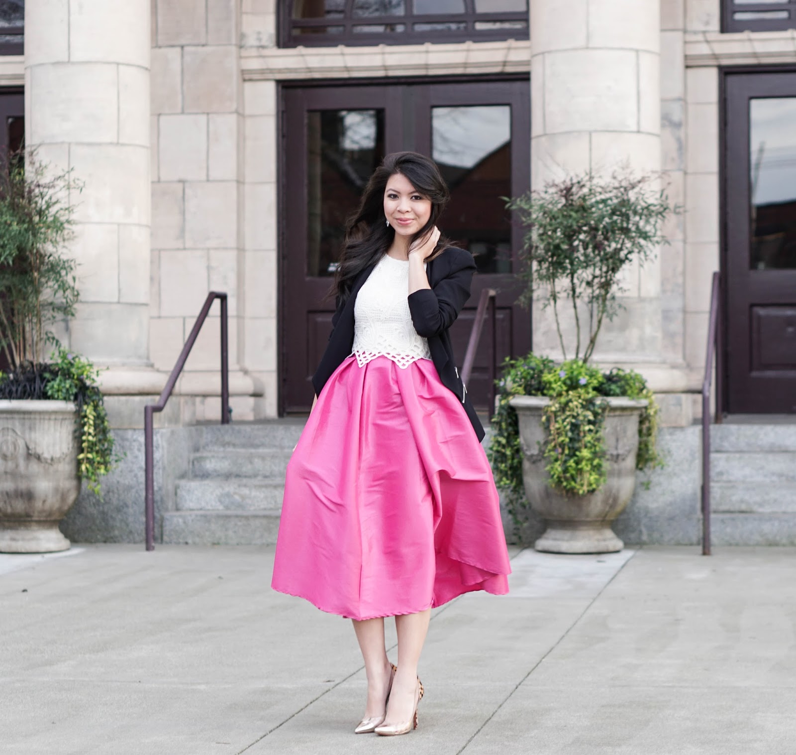 in Pink: Midi Skater Skirt with Crop Top | Just A Bit