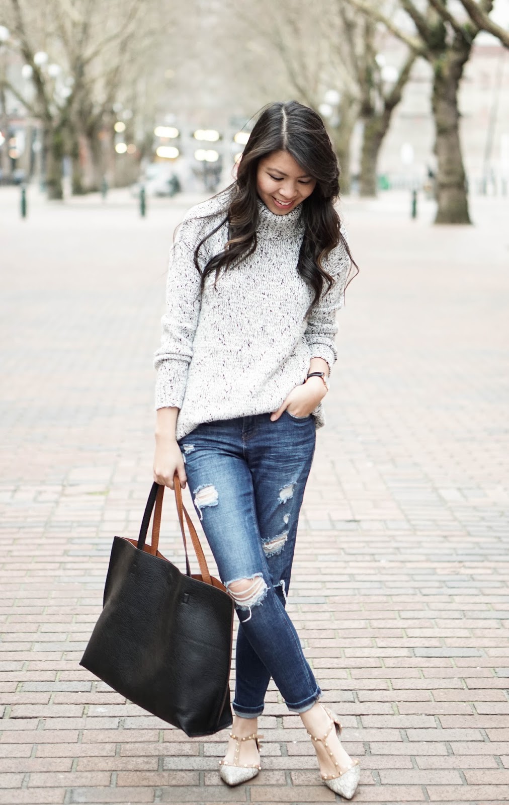 Brunch Attire: Knit Sweater, Ripped Jeans, and Studded Flats
