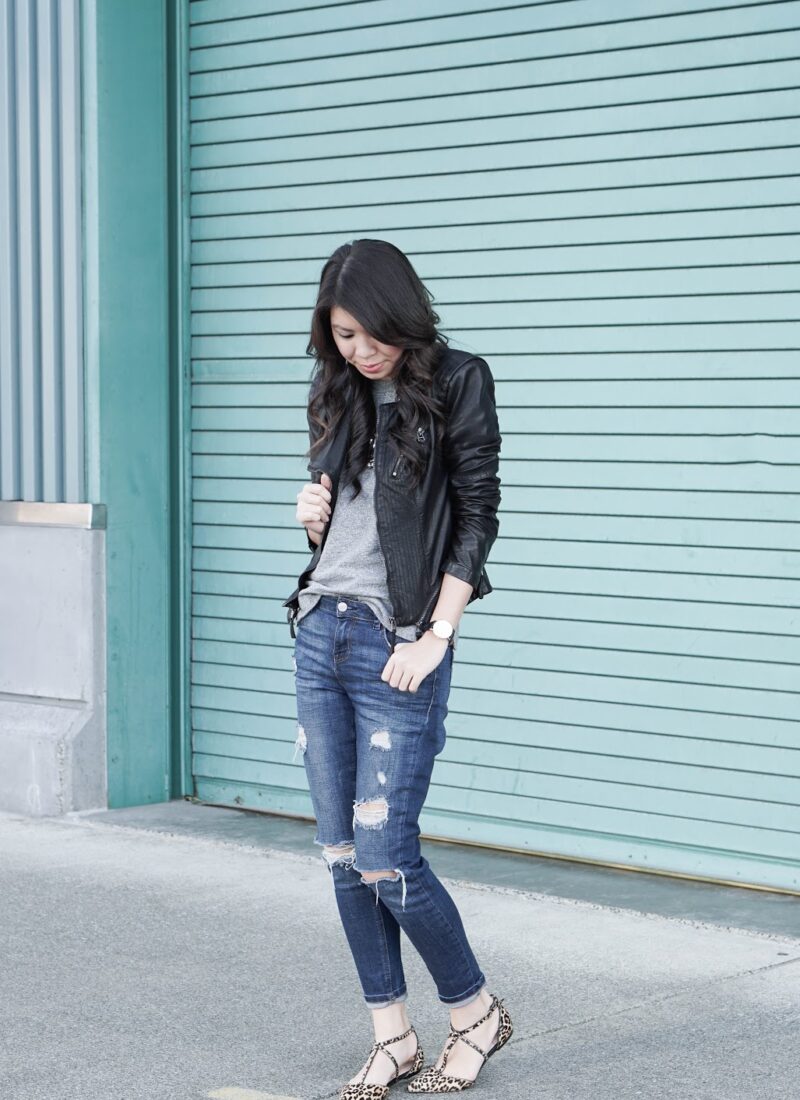 Everyday Outfit: Plain Tee, Leather Jacket, Ripped Denim