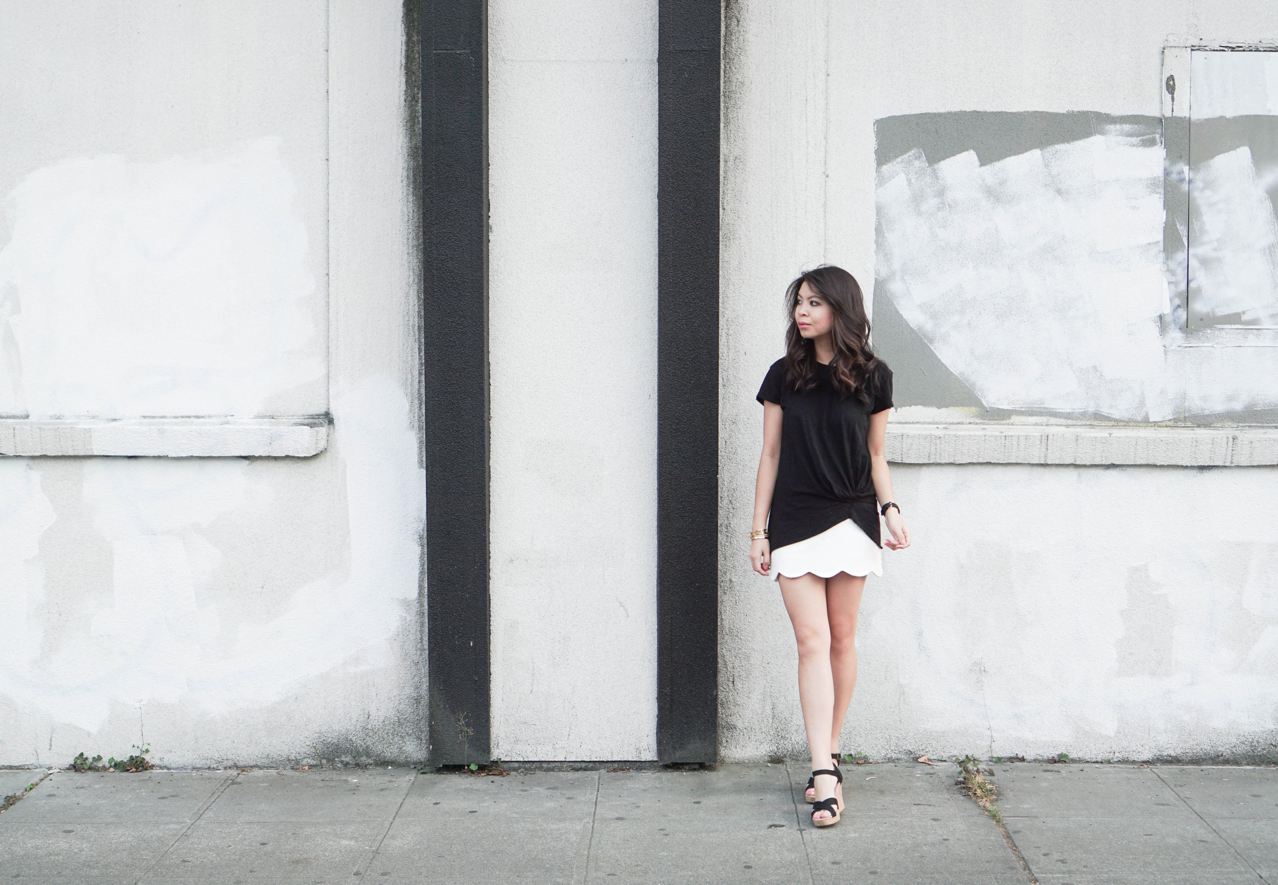 Stateside knot tee with Topshop scallop hem skirt and Toms sandals