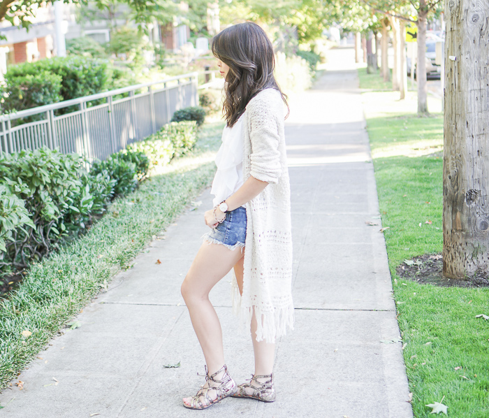 sun and shadow long cardigan, denim shorts, caged sandals
