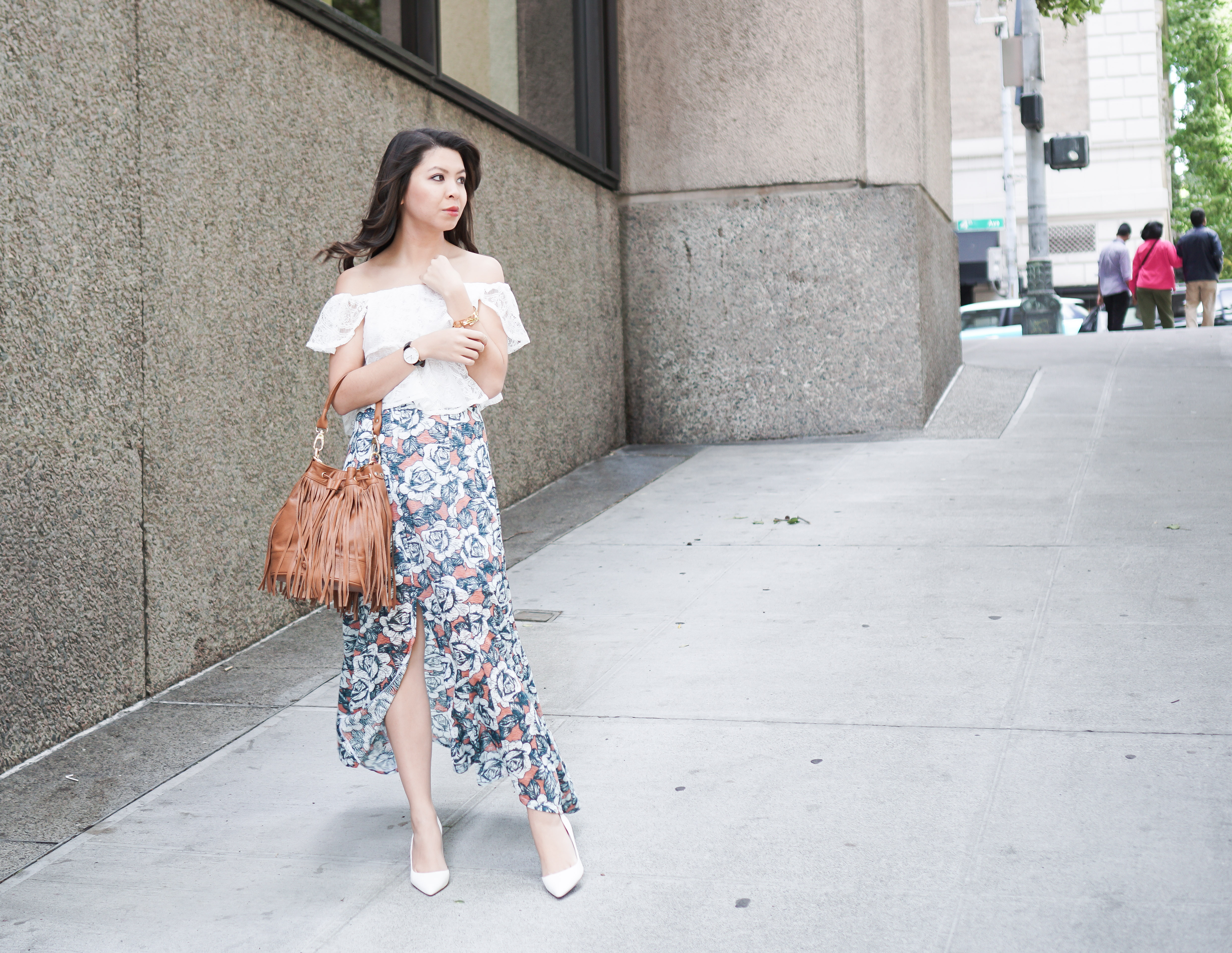 Zara floral print blouse with maxi skirt, Chic Wish nude pleated maxi skirt,  Stuart Weitzman Nudist stiletto sandals with maxi skirt, Louis Vuitton st.  germain shoulder bag in dune, how to wear