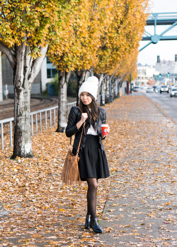 Fall Outfit Idea: Full Skirt + Pom Pom Beanie