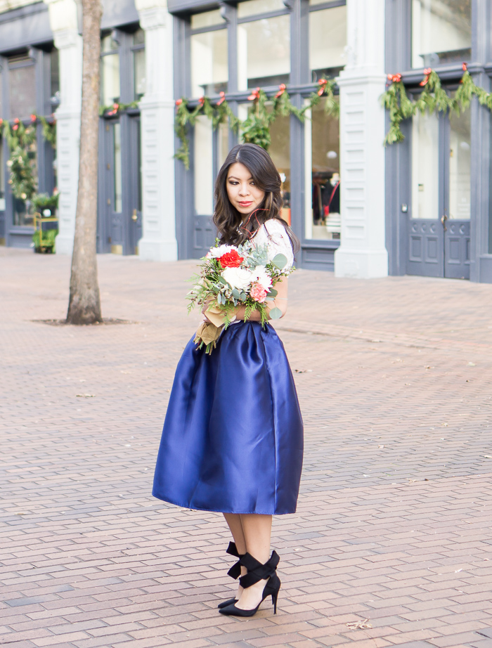 blue midi skirt, lucy paris bradshaw lace crop top, bow shoes, holiday outfit