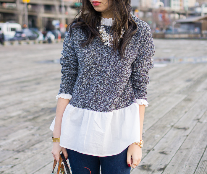 sheinside grey white color block ruffle blouse, layered look sweater