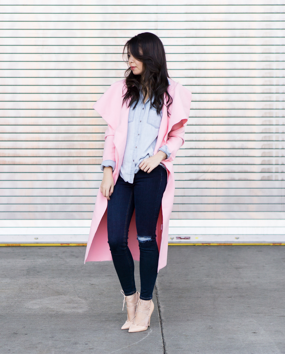 pink coat outfit, skinny jeans, lace up heels