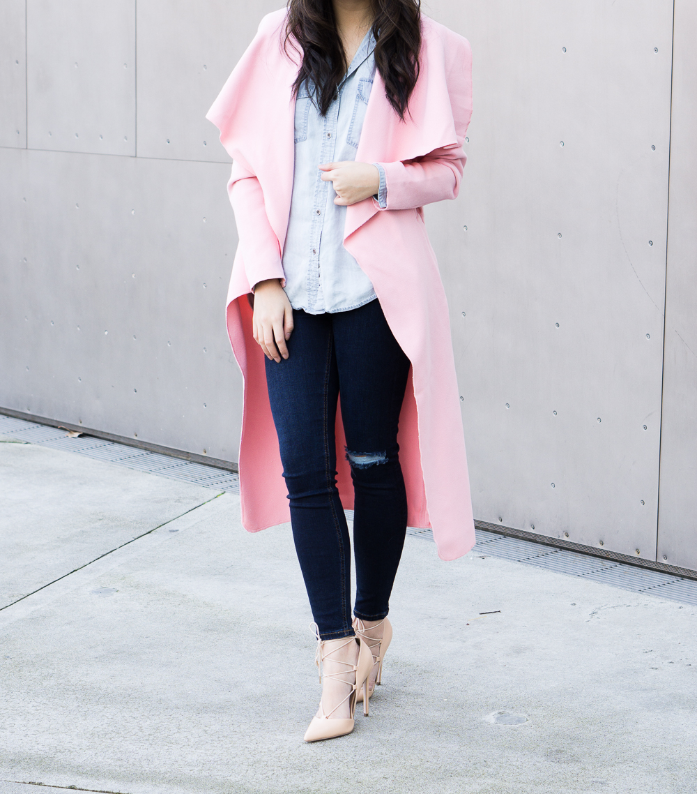 pink coat outfit, skinny jeans, lace up heels
