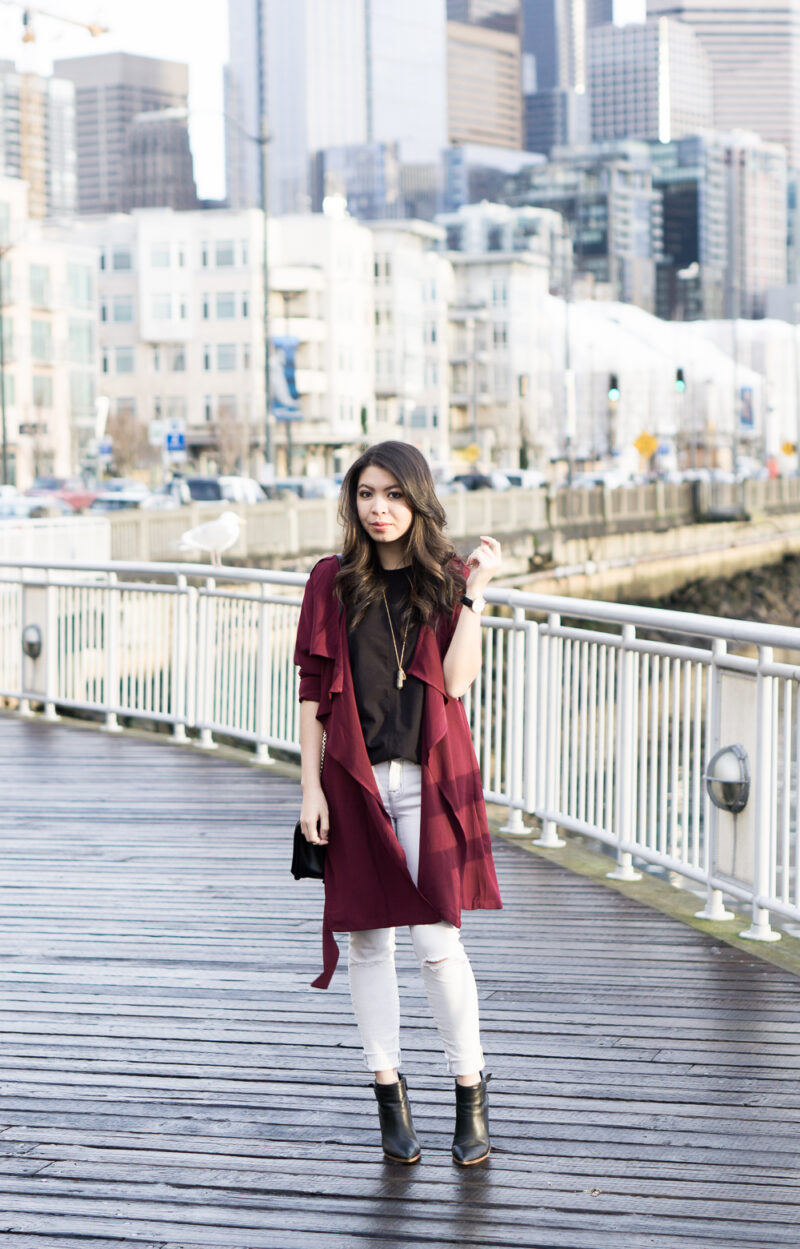 shein burgundy trench coat, street style, casual outfit