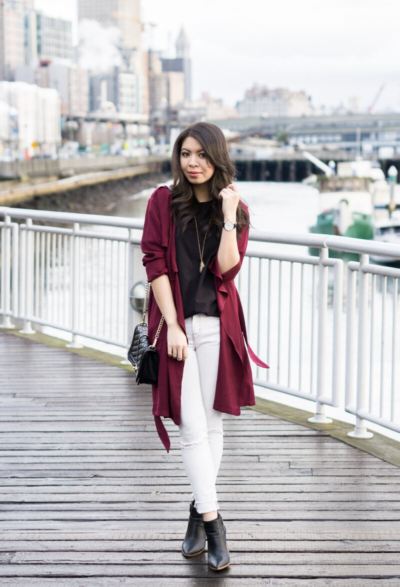 shein burgundy trench coat, street style, casual outfit
