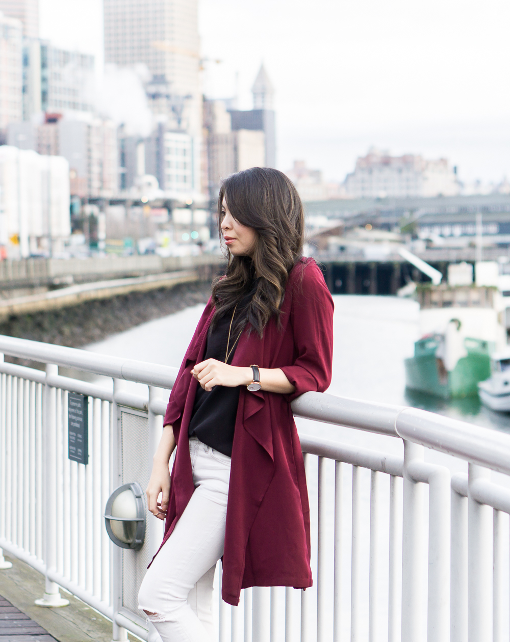 shein burgundy trench coat, street style, casual outfit