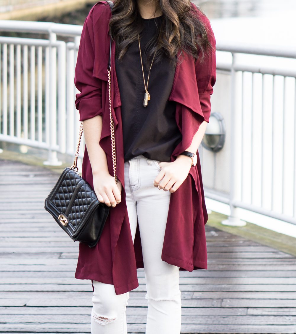 shein burgundy trench coat, street style, casual outfit