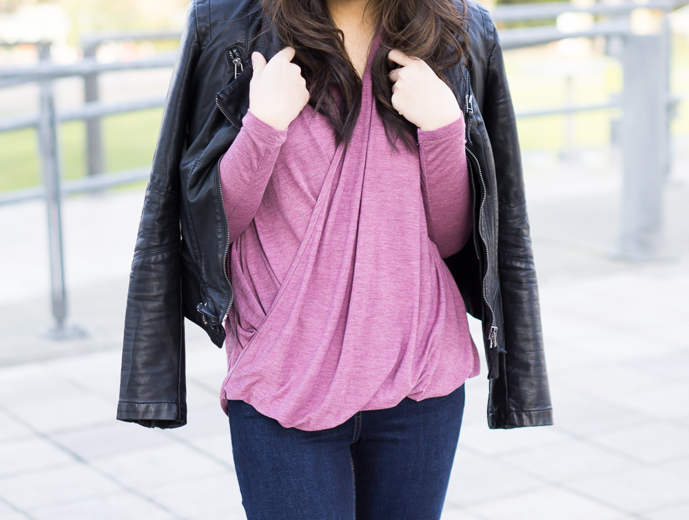 drape top, leather jacket casual outfit