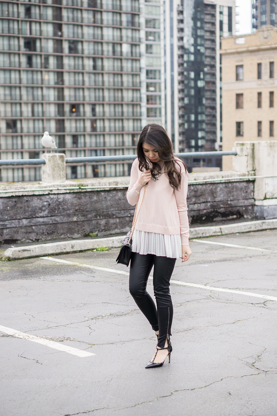 Faux Leather Leggings + Pleated Hem Sweater Outfit
