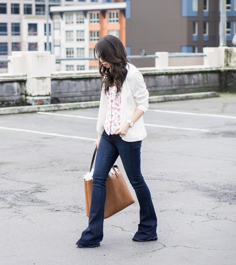 outfit with corset, wearing adore me rosanna corset and blanknyc flare jeans