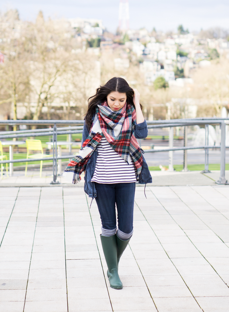 rain boots outfit, asos oversized square scarf in white based check