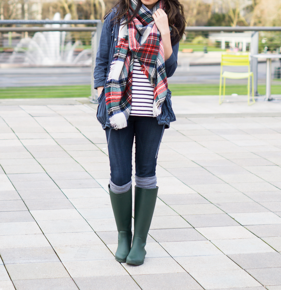 rain boots outfit, asos oversized square scarf in white based check