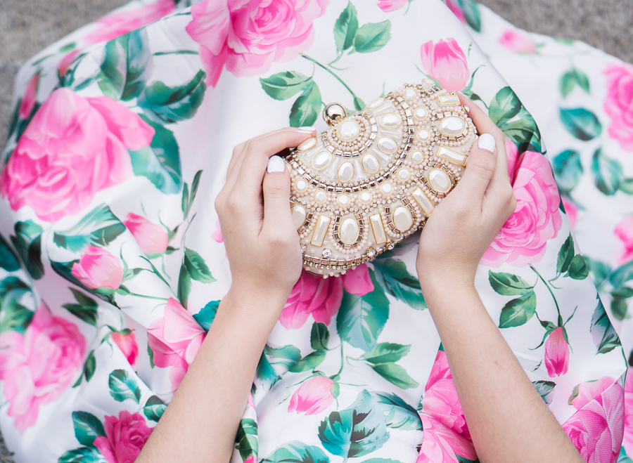 Embellished box clutch, floral print dress