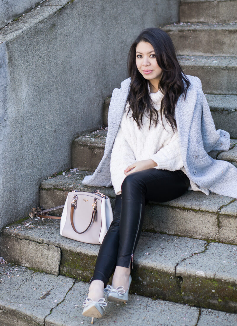 faux leather leggings, chelsea28 fluffy turtleneck sweater outfit