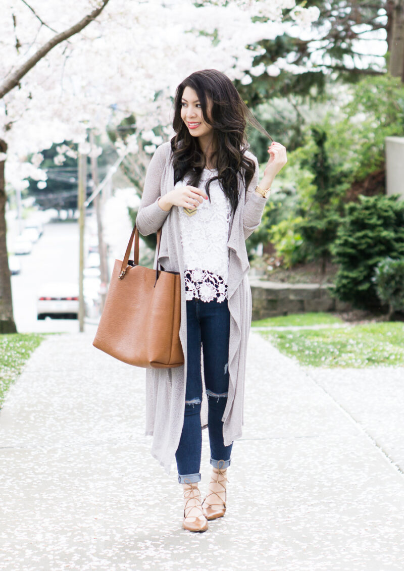spring style, casual outfit, bobi mesh long cardigan, lace up shoes, nordstrom bp katrina pointy toe ghillie flat