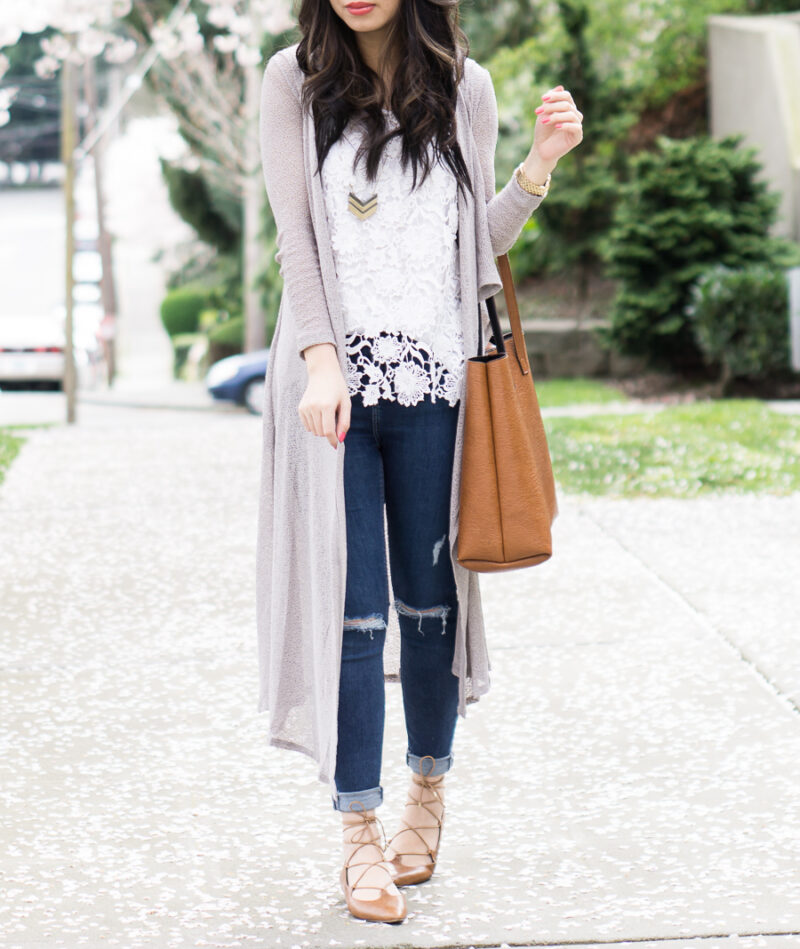 spring style, casual outfit, bobi mesh long cardigan, lace up shoes, nordstrom bp katrina pointy toe ghillie flat