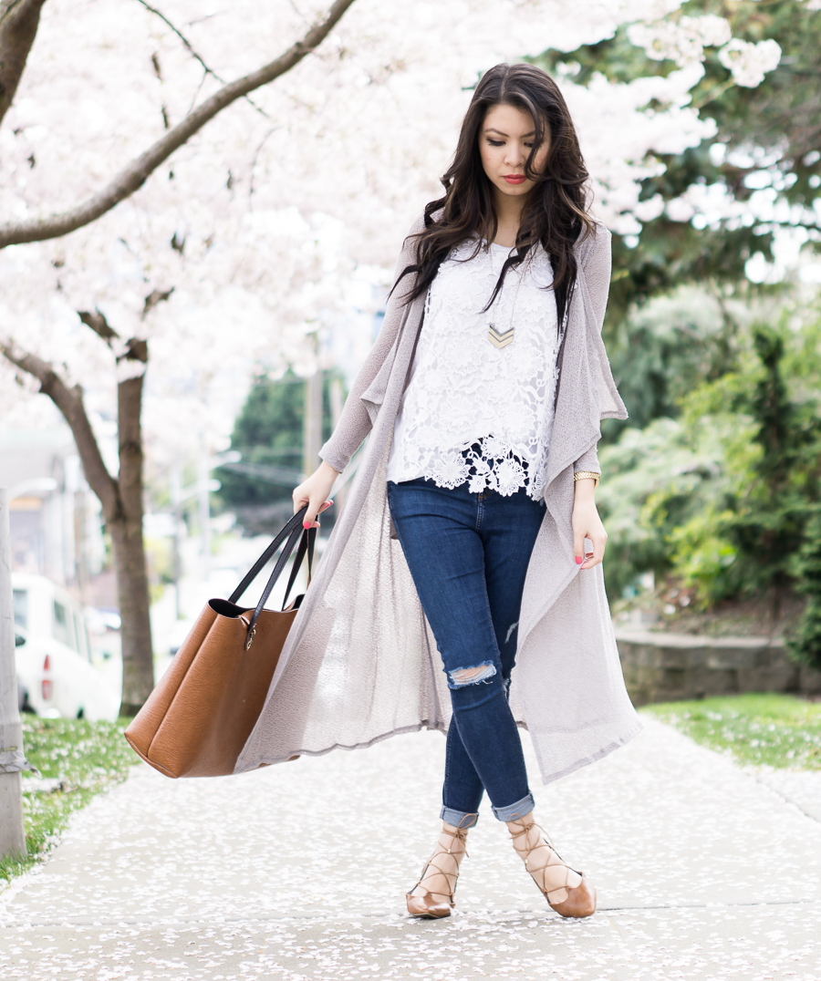 spring style, casual outfit, bobi mesh long cardigan, lace up shoes,  nordstrom bp katrina pointy toe ghillie flat | Just A Tina Bit