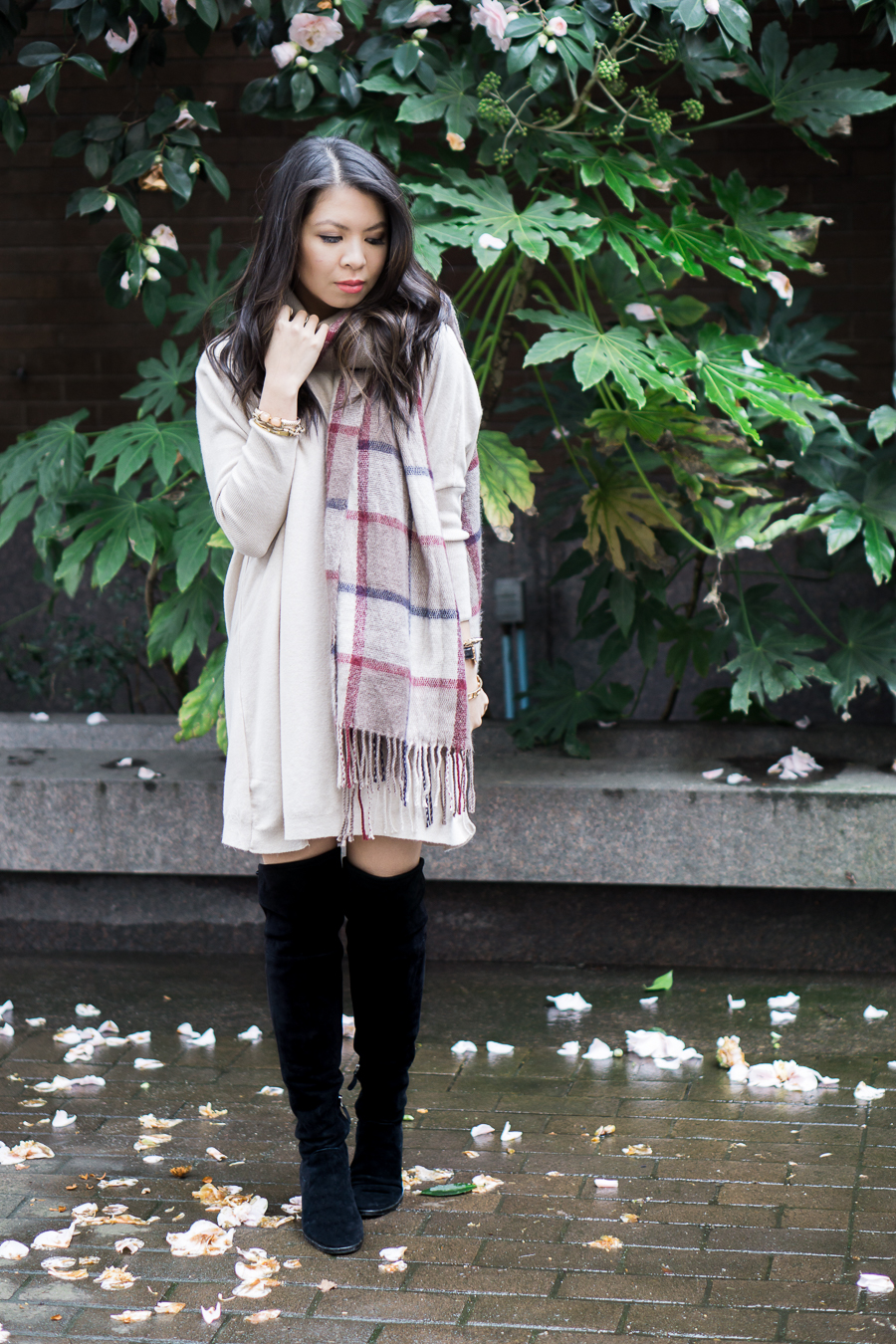 sweater dress over the knee boots outfit, asos tunic dress