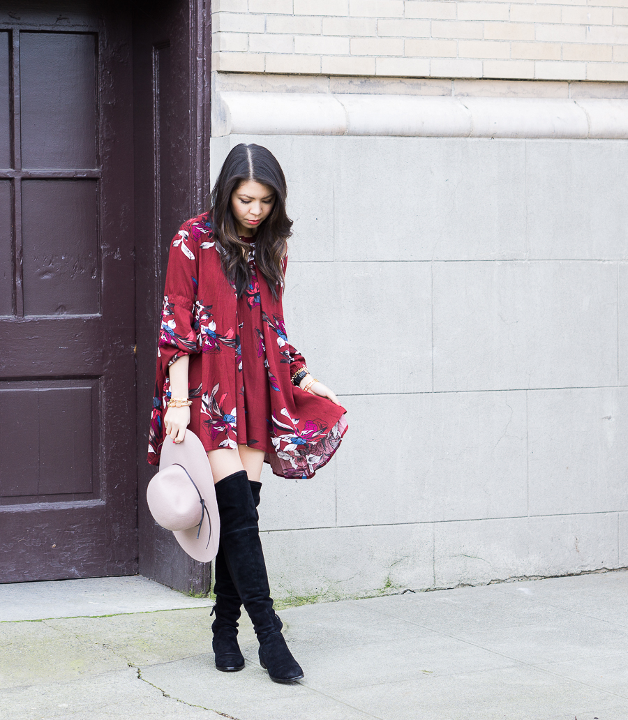Swing dress: Chicwish Keep Swinging Floral Tunic, Dolce Vita Neely Flat Over the Knee Boots