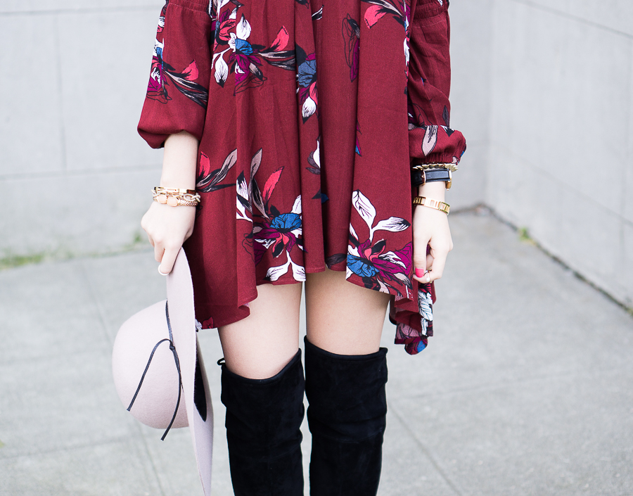 Swing dress: Chicwish Keep Swinging Floral Tunic, Dolce Vita Neely Flat Over the Knee Boots, Floppy Hat