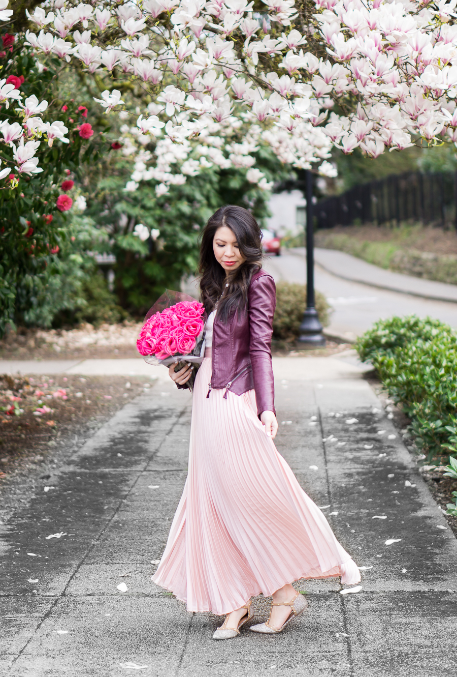blush pleated maxi skirt, burgundy faux leather jacket, spring style outfit idea