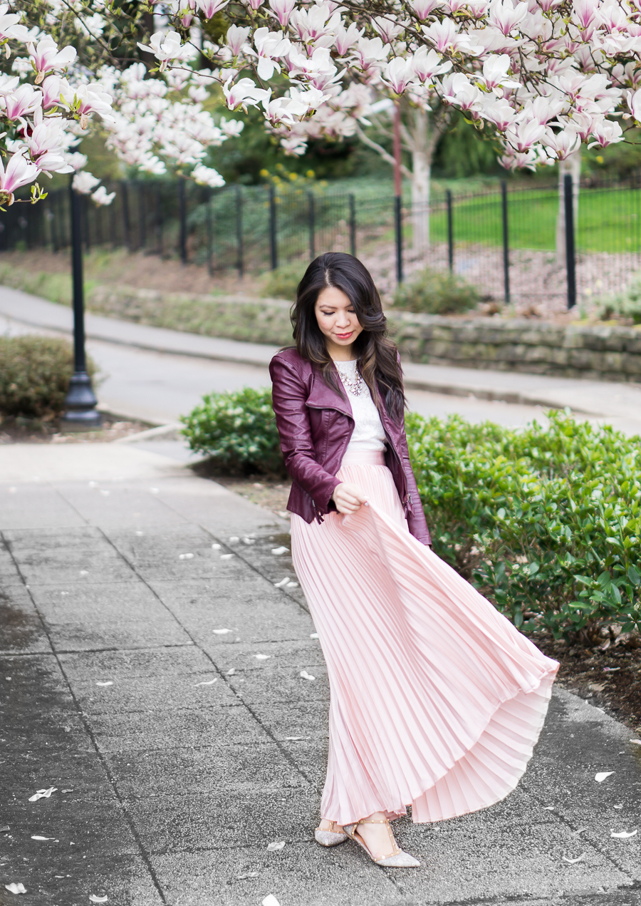 blush pleated maxi skirt, burgundy faux leather jacket, spring style outfit idea