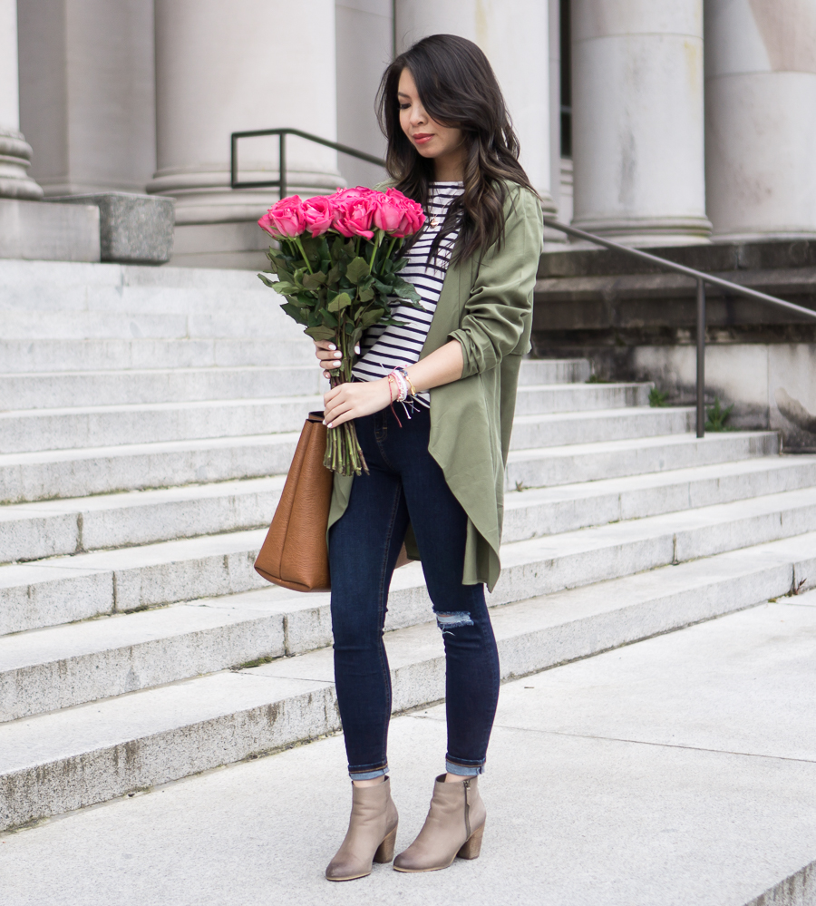 casual fashion style, leith army green waterfall jacket, nordstrom bp trolley ankle booties, topshop skinny ripped jeans, striped shirt