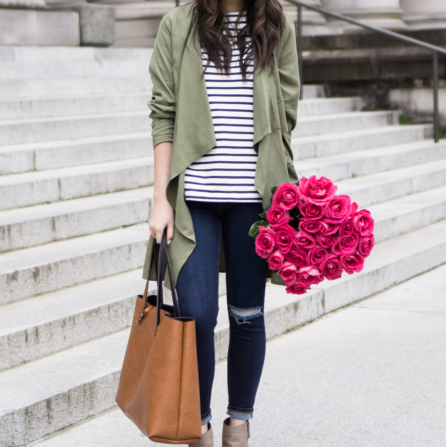 casual fashion style, leith army green waterfall jacket, topshop skinny ripped jeans, striped shirt