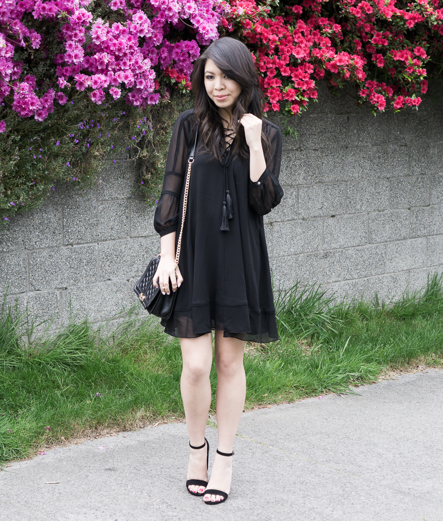 chelsea28 lace up babydoll dress, black sandals, spring fashion outfit, petite fashion blog