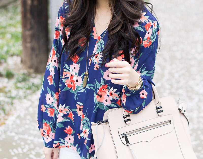 floral print blouse, rebecca minkoff avery tote