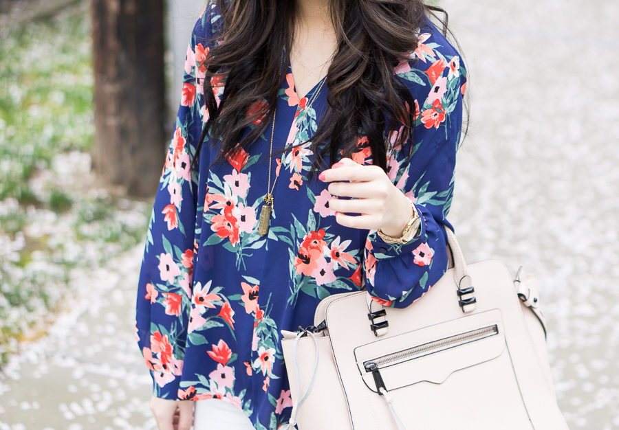 floral print blouse, rebecca minkoff avery tote