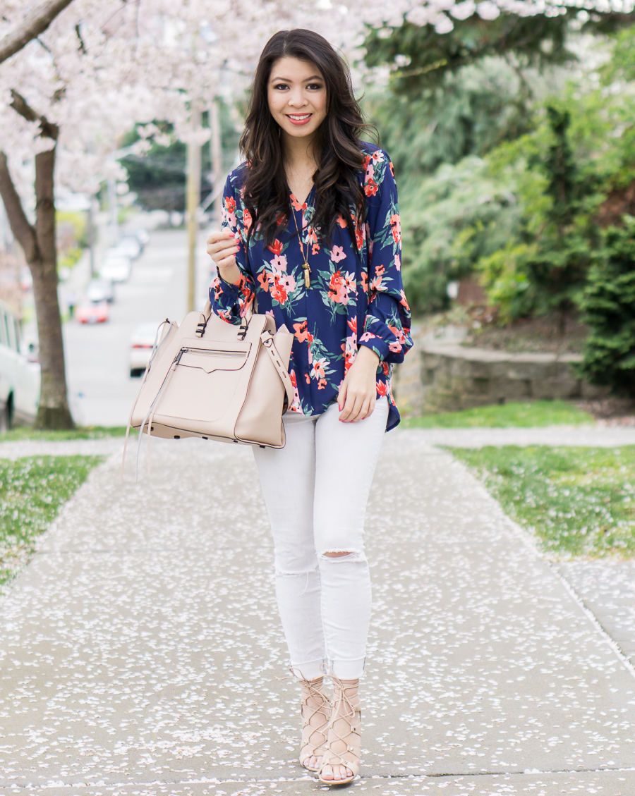 floral print blouse, white skinny jeans, lace up sandals, rebecca minkoff avery tote