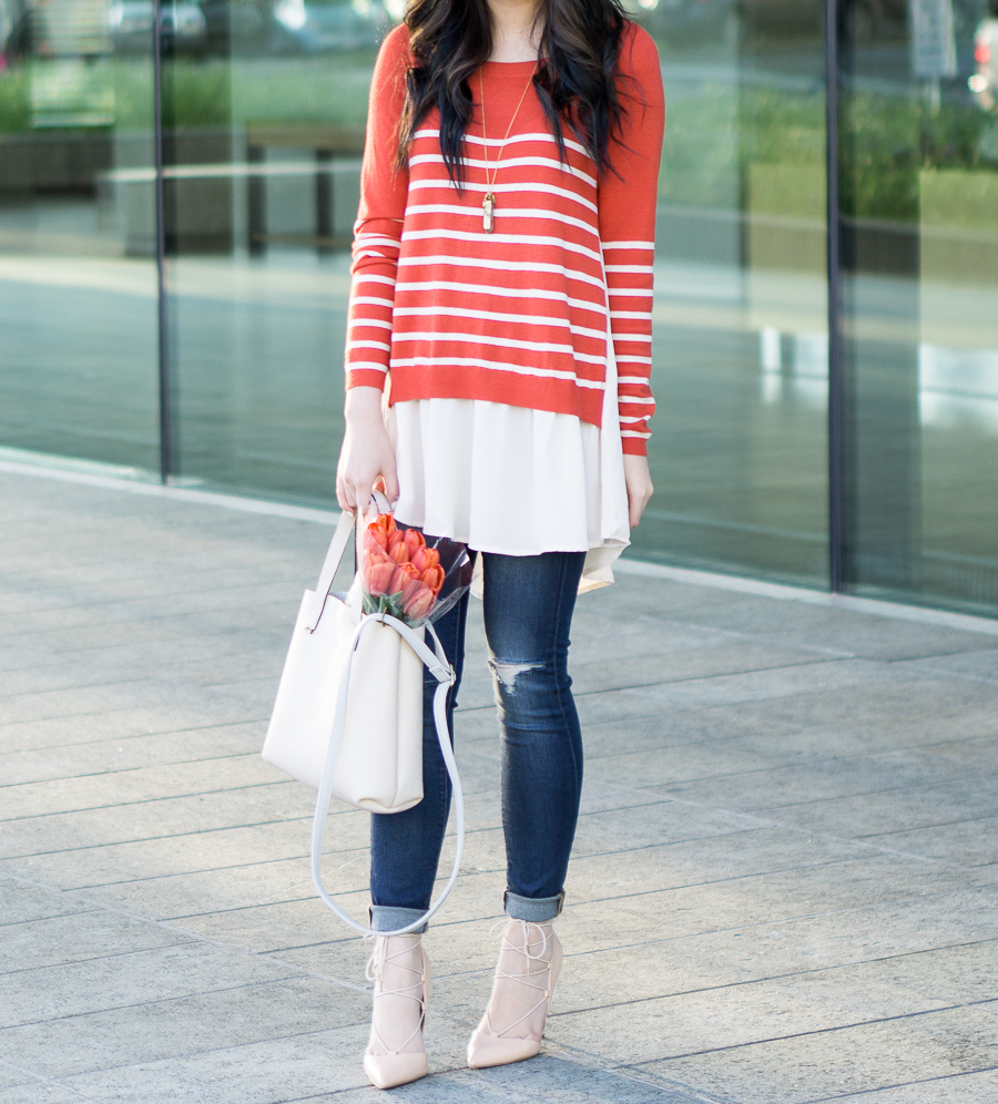 idol collective orange striped sweater with chiffon like layers, lace up pumps, skinny ripped jeans, spring fashion, mini faux leather tote, petite fashion blog