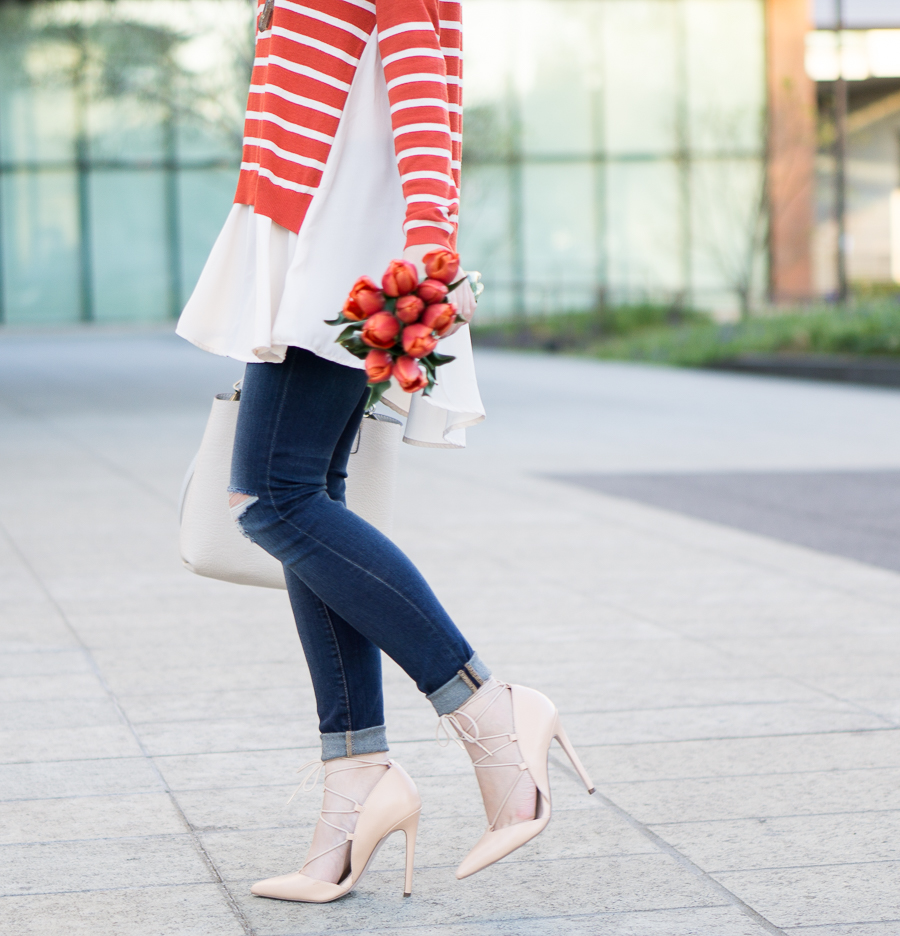 idol collective orange striped sweater with chiffon like layers, lace up pumps, skinny ripped jeans, spring fashion, mini faux leather tote, petite fashion blog