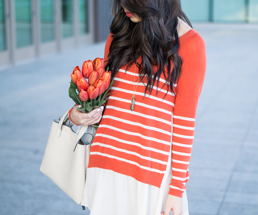 idol collective orange striped sweater with chiffon like layers, spring fashion, mini faux leather tote