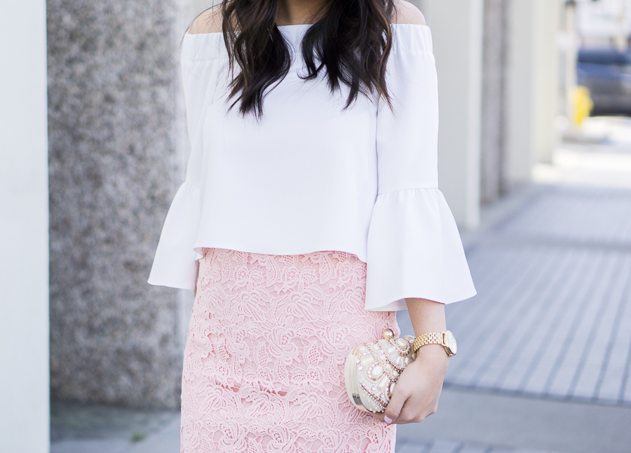 lace pencil skirt outfit, bell sleeves off the shoulder top, spring fashion, petite fashion blog