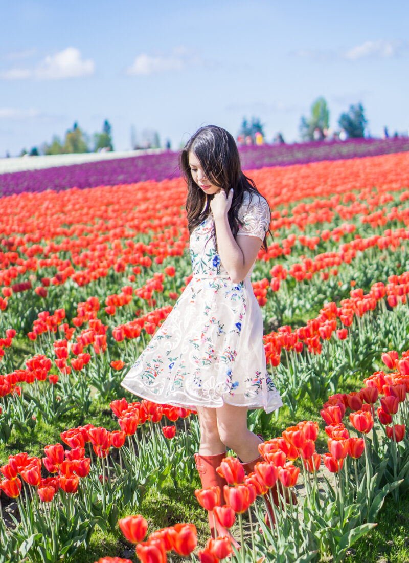 Floral Dress + Red Rain Boots at the Skagit Tulip Fields