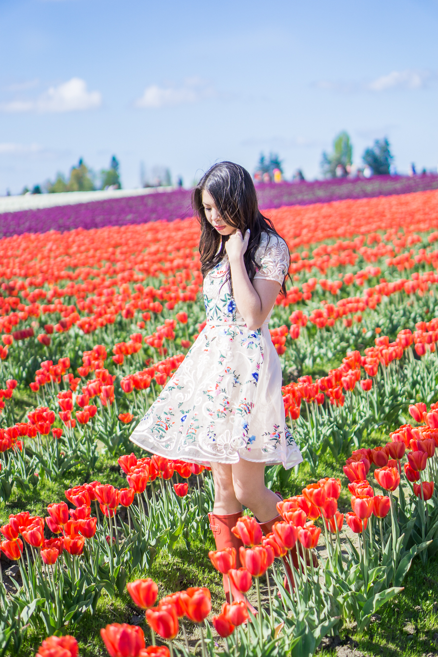 skagit tulip fields washington, floral dress chicwish garden embroidered beige organza dress, red rain boots outfit