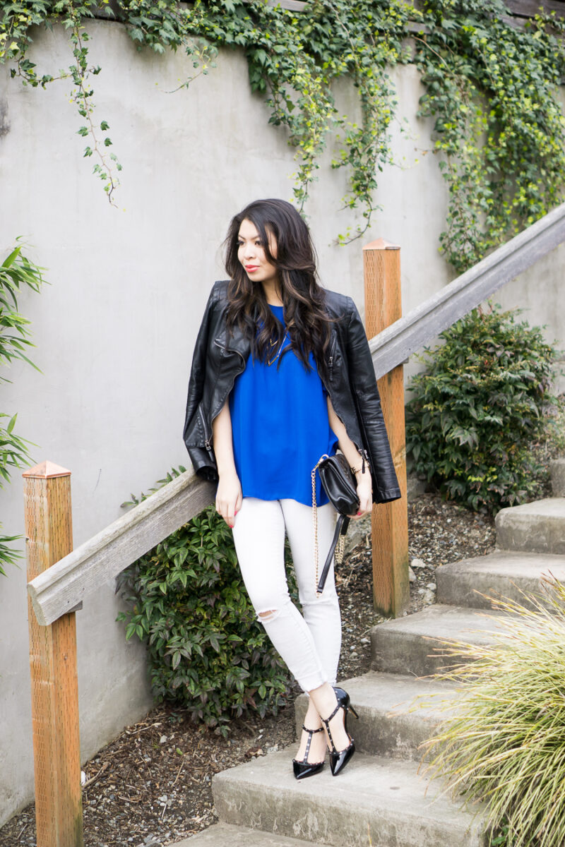blanknyc leather jacket outfit, white skinny jeans, vince camuto blouse, spring fashion, petite fashion blog