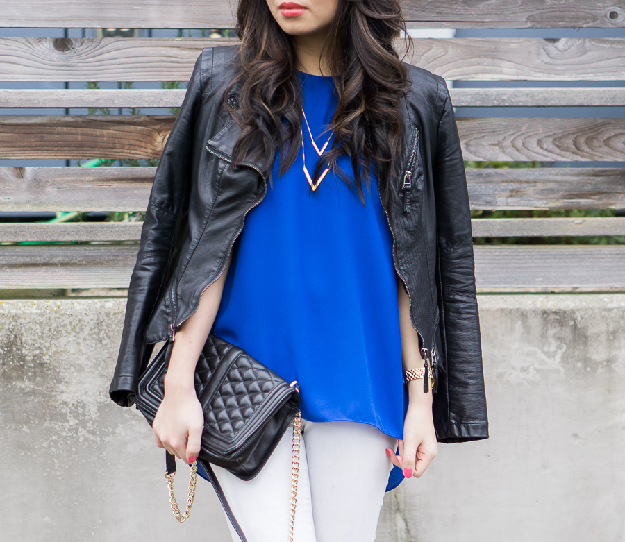 blanknyc leather jacket outfit, white skinny jeans, vince camuto blouse, spring fashion, petite fashion blog