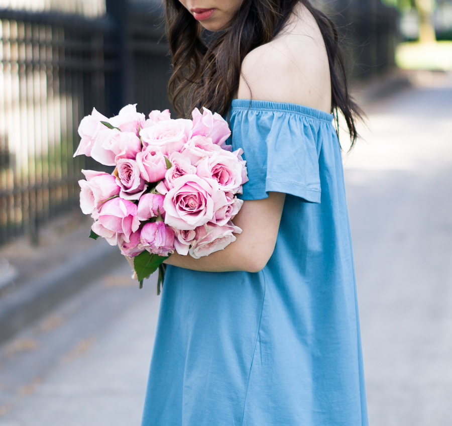 casual off the shoulder dress, pink roses, spring fashion, petite fashion blog
