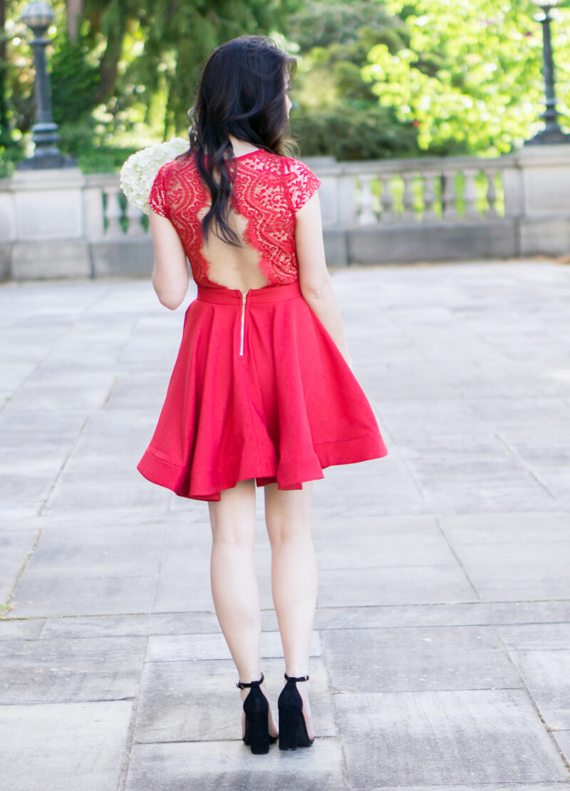 red lace dress, steve madden ankle strap sandals, wedding guest dress, petite fashion blog
